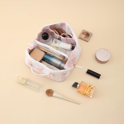 DYSHAYEN Travel Makeup Bag, White and Pink Striped - color: White-Pink