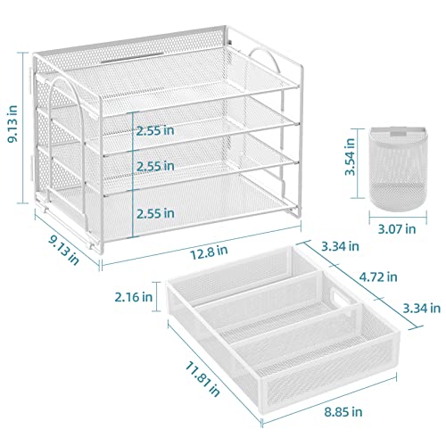 Marbrasse Desk Organizer, 4-Tier Paper File Letter Tray, White - color: White with Pen Holder