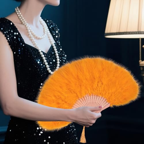 whitefeather Vintage Feather Hand Fan, 17.7 x 11.8 inches, Marabou Feathers, 1920s Style for Costume Parties, Tea Parties - color: Orange