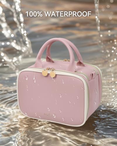 Prite Large Makeup Bag, Waterproof Travel Cosmetic Case with Brush Holder - color: Pink, size: Large
