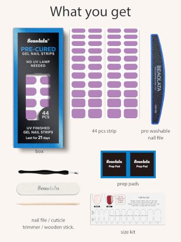 Real Gel Nail Strips (No UV Light Needed) - 44Pcs Salon Quality Nail Stickers - Long Lasting Polish Wraps for Women, Easy Apply & Remove (Lilac Dream Purple) - color: Lilac Dream Purple