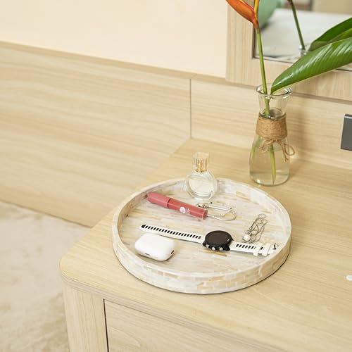 PEMAR Round Mother of Pearl Tray 11", White Iridescent Decorative Tray