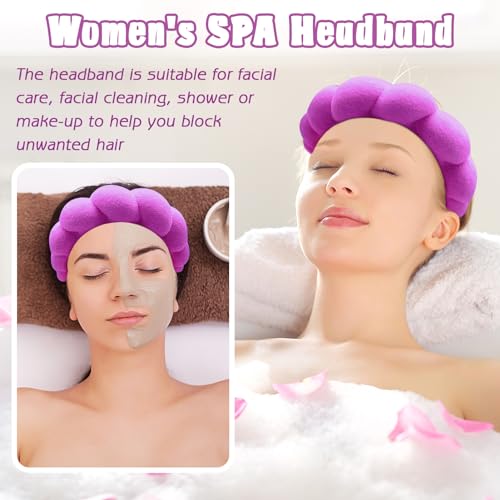 Zkptops Spa Headband for Washing Face Wristband Set Sponge Makeup Skincare Terry Cloth Bubble Soft Get Ready Hairband for Women Girl Puffy Padded Headwear Non Slip Thick Hair Accessory(Dark Purple) - color: YP Dark Purple