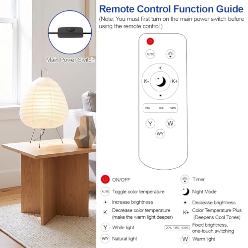 Rice Paper Lamp,Dimmable Bedside Table Lamp,Remote Control,Bulb Included - style: Japanese-remote control