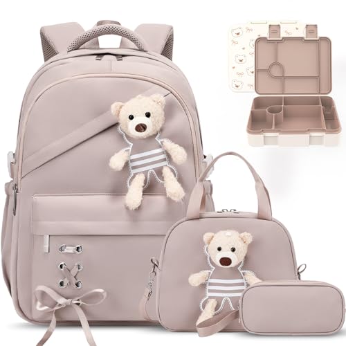 ACESAK 4PCS Backpack for Girls with Leakproof Bento Box (Khaki) - color: Khaki