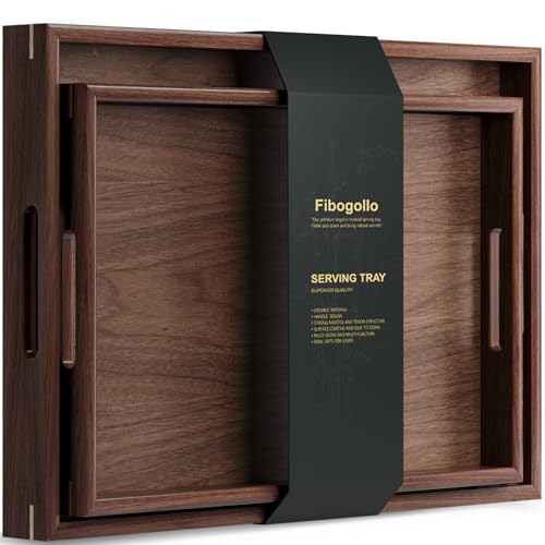 Fibogollo Set of 2 Walnut Wooden Serving Trays with Handles