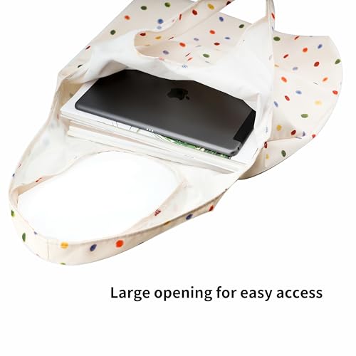 REDSINDA Canvas Tote Bag, Large Capacity Shoulder Bag with Inner Pockets, Foldable Shopping Bag - color: Colorful Dots