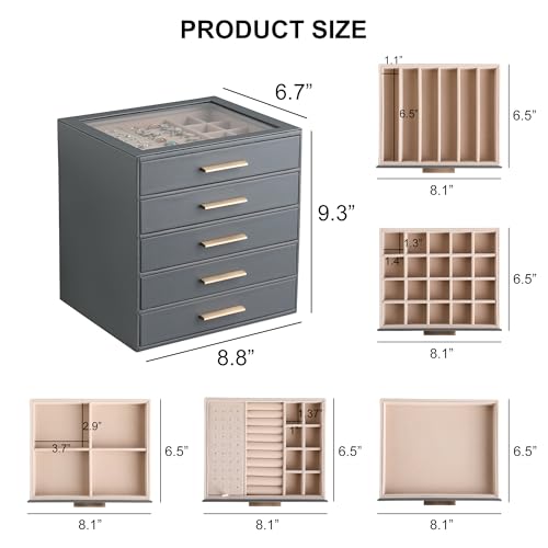 Frebeauty Jewelry Box for Women,Clear Lid Jewelry Organizer with 5 Drawers - color: Grey, size: 5 Drawer