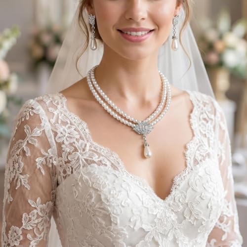 Pearl Bride Wedding Jewelry Set Faux Pearls Crystal Rhinestone Necklace Earrings Bracelet Sets for Women Bridesmaid(3 PCS) - color: White - Double Pearl