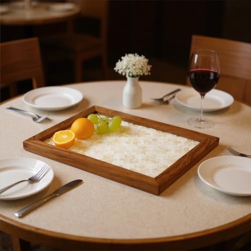 42x32CM White Rectangle Mother of Pearl Inlay Serving Tray with Wood Border - color: White Floral