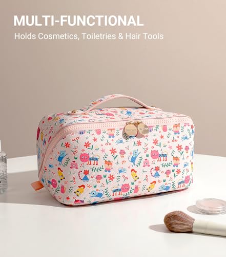 Aveniee Travel Makeup Bag for Women, Large Cosmetic Organizer with Open-Flat Design, Clear Divider & Handle - Waterproof PU Leather Toiletry Case, Cat Pattern - style: Sunshine Kitty