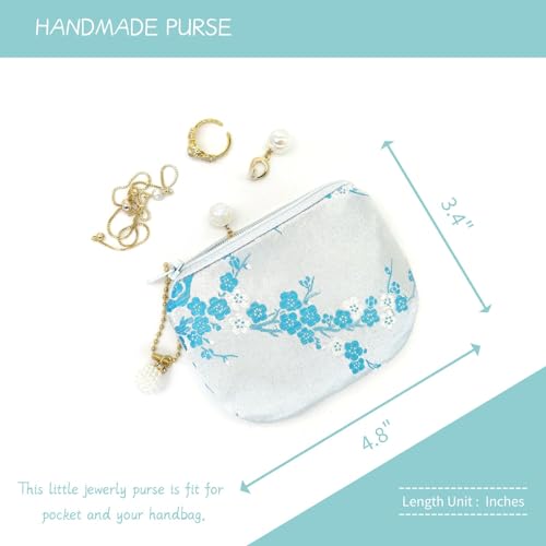 Handmade Women Coin Purse Brocade Rosary Bag Silk Jewelry Pouch Zipper Wallet - White Turquoise - color: White_Turquoise