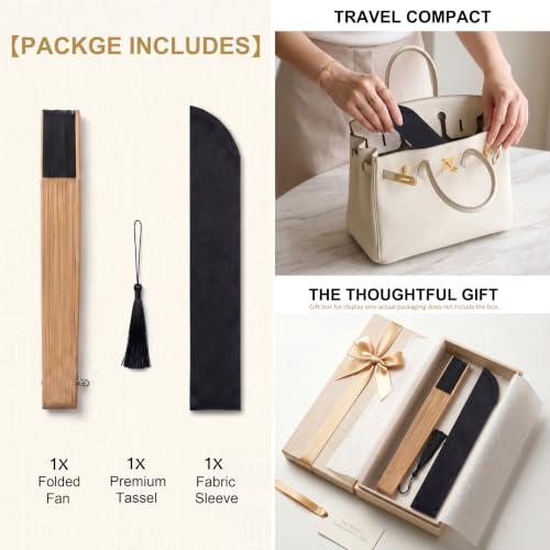 Japanese Folding Hand Fan for Women - Bamboo Silk Handheld Foldable Fan with Tassel & Pouch for Hot Flashes, Rave, Church, Gift,Wedding - Whisper-Quiet, Purse Size (Bamboo Black) - color: Bamboo Black