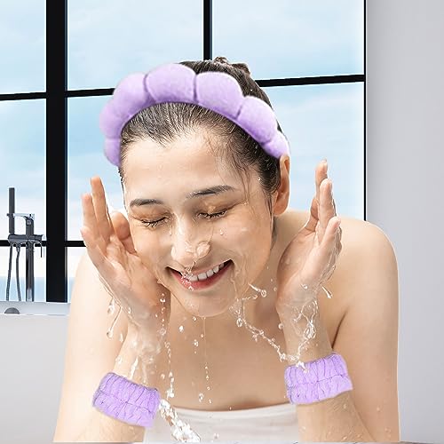 Beleki Spa Headband for Washing and Wristband Set Sponge Headband Women Face Wash Makeup Skincare Non Slip Puffy Headwear Thick Hair Accessories for Women Girls, Purple - color: Purple