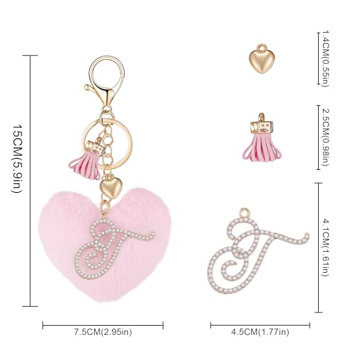 Initial Letter Heart Pom Pom Keychain for Women Pink Soft Fluffy Ball Key Ring for Purse Backpack Handbag - color: T