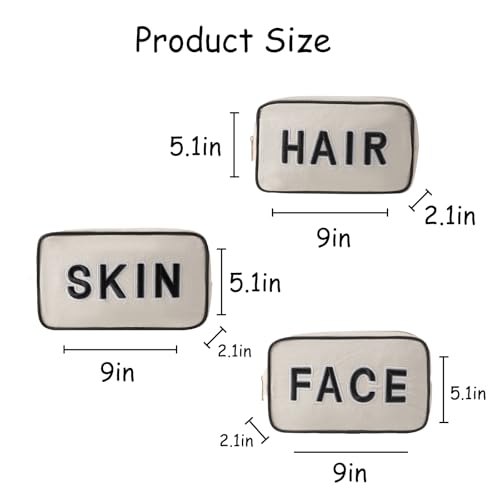 uekeboag 3Pcs Canvas Chenille Letter Makeup Bag Set(Hair Skin Face) - color: Black Hair Skin Face 3Pcs