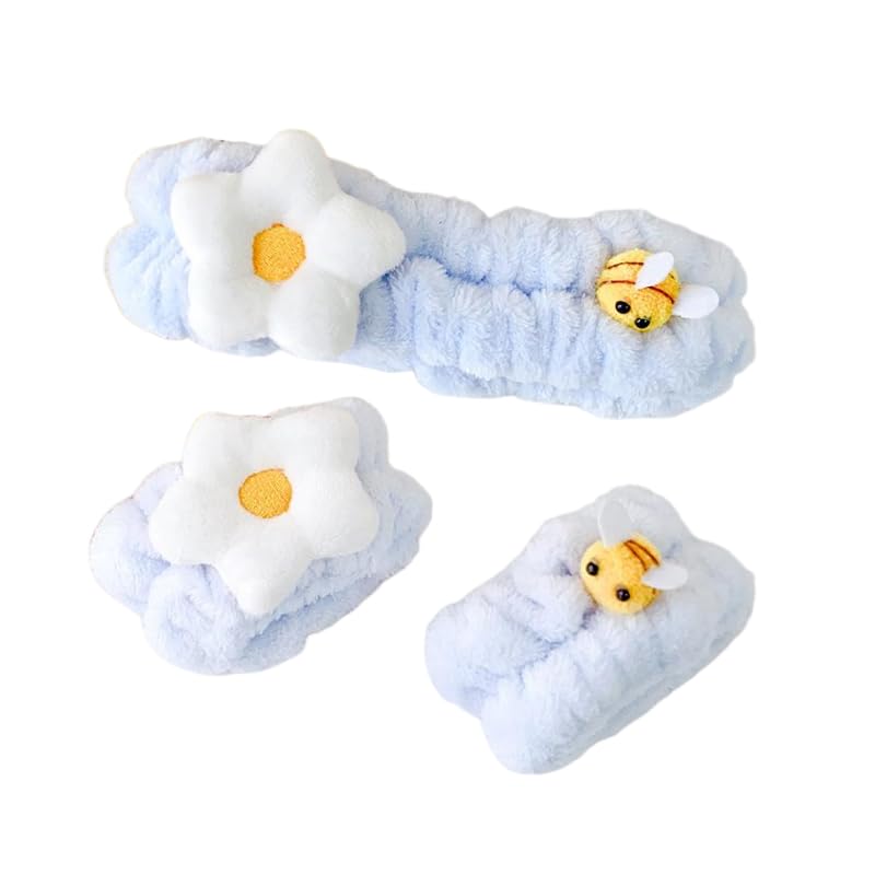 PERFECTSIGHT Kawaii Headband for Spa, Makeup, Washing Face, Party - 2 Pack Cute Hair Band for Shower Beauty Skincare, Soft Facial Headbands for Girls and Women (Blue Flower Bee) - color: Blue Flower Bee