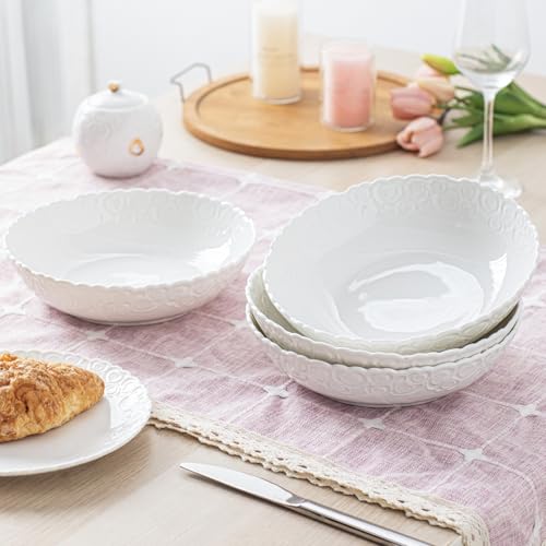 HOMBENE Heartbeat Pasta Bowls Set of 4, 28oz Salad Bowls Soup Bowl for Kitchen, Porcelain Wide and Shallow, Noodle, Soup, Pasta,Dinner, Microwave & Dishwasher Safe (White) - color: White, size: 28oz