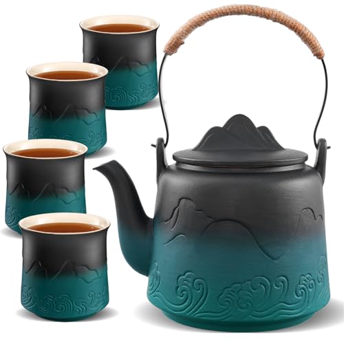 ZENS Ceramic Teapot with Infuser, 33.8oz Japanese Loose Leaf Tea Teapot - color: Black/Green, size: 33.8oz Teapot&4 of 8oz Cups