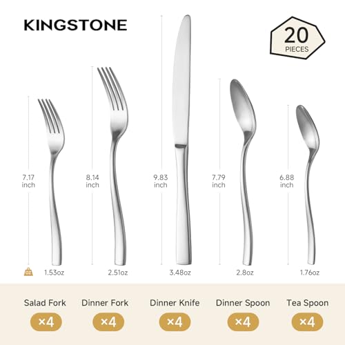 KINGSTONE 20-Piece Flatware Set for 4, Matte Stainless Steel Utensil Set with Forks, Knives, Spoons, Dishwasher Safe, Rust Resistant Silverware Set for Home，Wedding，Kitchen and Daily Life - color: Matte Silver, size: 20 Pieces