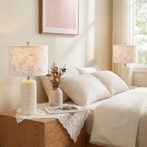 PoKat 23'' Table Lamp with Flower Lampshade for Night Stands, Birthday Gifts for Women Mom, House Warming Gifts New Home Decor, Ceramic Lamp for Living Room, Modern Bedroom Lamp for Nursery - color: Floral Pink