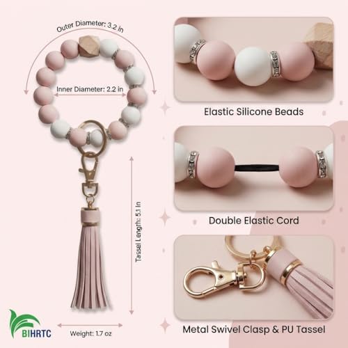 BIHRTC Key Ring Bracelet Car Keychain Holder Wristlet Silicone Women Beaded Bangle Chains - color: Mint Jade