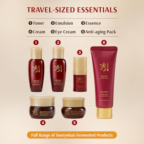Sooryehan Hyobidam Fermented Skincare Gift Set with Wild Ginseng - Premium Korean Anti-Aging Skin Care Kit for Intense Hydration, 13.53 fl oz (Full Size Toner & Emulsion + Mini Cream, Eye Cream, Mask)