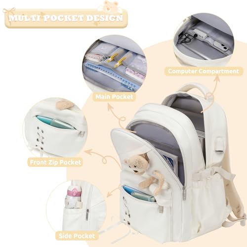 ACESAK 4PCS Backpack for Girls with Leakproof Bento Box (White) - color: Beige