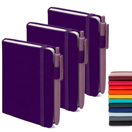 feela 3 Pack Pocket Notebook Journals, Mini Cute Small Journal Notebook Bulk Hardcover College Ruled Notepad with Pen Holder for Office School Supplies, with 3 Black Pens, 3.5”x 5.5”, A6, Purple - color: 3 Purple