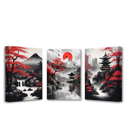 PBXBJY Japanese Canvas Wall Art 3 Pieces Japanese Landscape Painting Prints Red and Black Cherry Blossom Trees Building Pictures Living Room Office Decor Frame (12x16inchx3Pcs) - color: Black, size: 12x16inchx3Pcs