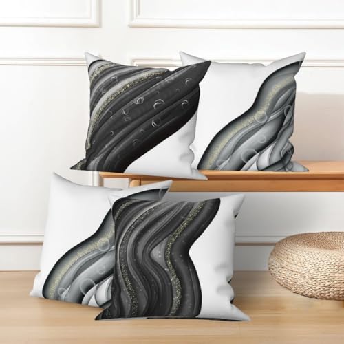Abstract Fluid Throw Pillow Cover Black Ocean Wave Ink Gold Sequin Halo Minimalist Art Modern Aesthetic Linen Square Cushion Covers for Outdoor Couch Sofa Bedroom Home 22x22 Inch Set of 4 - color: Black 2, size: 22" x 22" (Pack of 4)