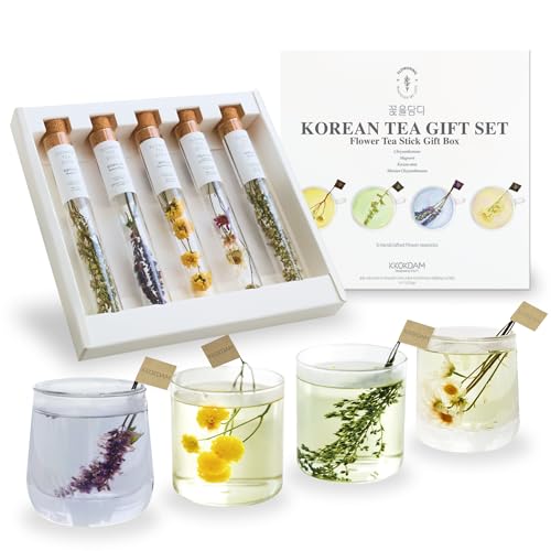 KKOKDAM Premium Flower Korean Tea Stick Gift Set - 5 Handcrafted Blooming Herbal Tea Variety Pack in Glass Tubes, Caffeine-Free Women & Mom Gift Box