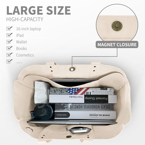 HOMESPON Large Canvas Tote Bag, Magnetic Work Laptop Pack for Women - color: Beige