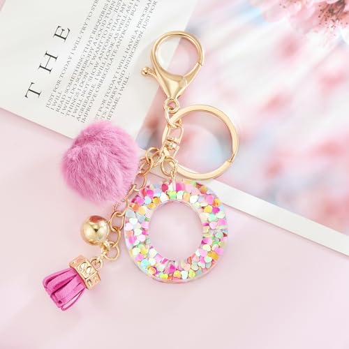 Resin Alphabet Initial Letter Keychain Keyring for Women Purse Handbags With Fur Ball Pom - color: Deep Pink Fur Ball Letter O