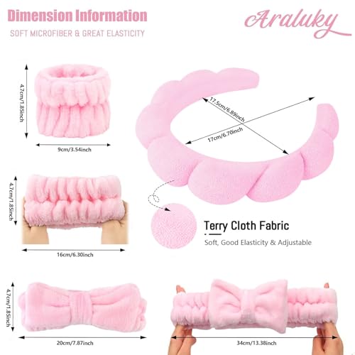 6 Pcs Puffy Terry Cloth Headbands and Wristbands for Skincare, Shower, and Makeup Removal - color: Pink