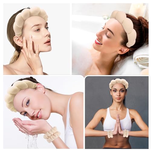 Zkptops Spa Headband for Women Sponge Makeup Skincare Headband Washing Face Wristband Set Terry Cloth Bubble Soft Get Ready Hairband Puffy Padded Headwear Non Slip Thick Hair Accessory(Beige) - color: YR Beige