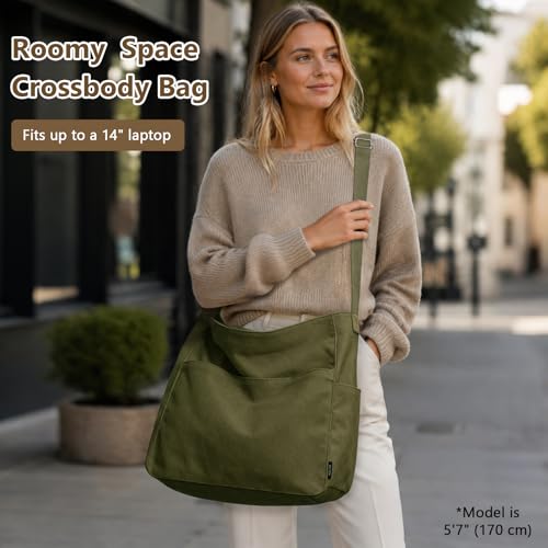 KALIDI Canvas Tote Bag Zipper Large Crossbody Shoulder Bag Messenger Bag - color: Army Green