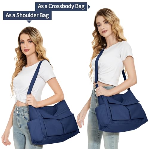 KALIDI Canvas Tote Bag Zipper Large Crossbody Shoulder Bag Messenger Bag - color: Upgraded Deep Blue