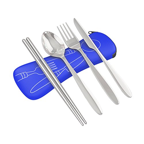 Reusable Travel Utensils with Case | Fork and Spoon Set with Knife, Chopsticks and Optional Reusable Straw– Office, Travel, or Camping Accessories| Lightweight Sturdy Reusable Utensils - color: 4pc Set - Blue