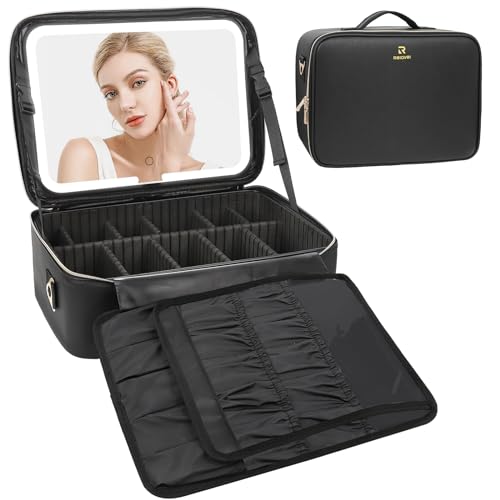 Relavel Makeup Case Large Makeup Bag with LED Mirror, Professional Train Case 16.2 inch, Travel Cosmetic Organizer Brush Holder Waterproof Makeup Artist Storage Box with Adjustable Strap - color: Black with LED Mirror, size: Large