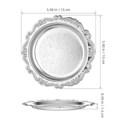 Cabilock 2pcs Retro Decorative Serving Tray, 5.90 Inch Round Vintage Metal Dessert Plates, Coffee Table Tray, Party Serving Platters Home Decor for Snacks Fruit Jewelry, Silver