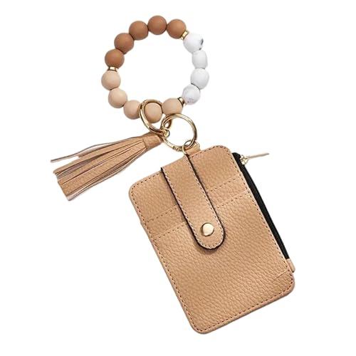 Boho Beaded Wallet Wristlet Keychain Card Holder Tassel Purse - color: A3:brown