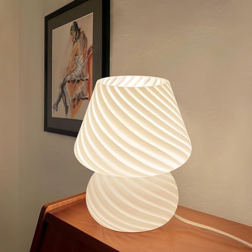 ONEWISH Mushroom Lamp-Small Bedside Table Lamp with Striped Glass, Nightstand Lamp for Bedroom, Living Room, 3000K E26 Bulb Included(White) - color: White