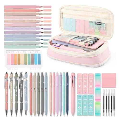 56 PCS Aesthetic School Supplies with Large Pencil Case, 5 Inspirational Ballpoint Pens, 12 Pastel Highlighters, 5 Black Ink Gel Pens, 6 Mechanical Pencils 0.5-0.7mm College Student Essentials (Pink) - color: Pink
