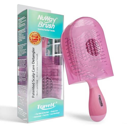 NuWay® TravelC® Scalp Care Hair Brush with Patented Travel Case – Vented Hair Brush for Scalp Massage, Blow-Dry Styling, Wet & Dry Hair, All Hair Types (Rose Pink) - color: Rose Pink