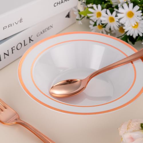 realluck 50pc Deep Bowl With White ground And Double Rose Gold Edges - color: Rose Gold, size: 50Pack