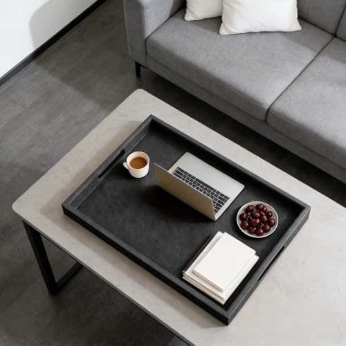 25 x 18 inches Leather Ottoman Serving Tray with Hole Handles, Rectangle Large Modern Service Tray for Living Room, Coffee Table, Bed, Tea, Food, Butler Countertop, Kitchen, Dinner, Picnic (Black) - color: Black, size: 25" x 18" x 2"