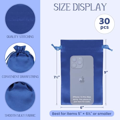 30Pcs Satin Gift Bags, 6x9 Blue Cloth Drawstring Pouch - color: Blue, size: 6×9 in