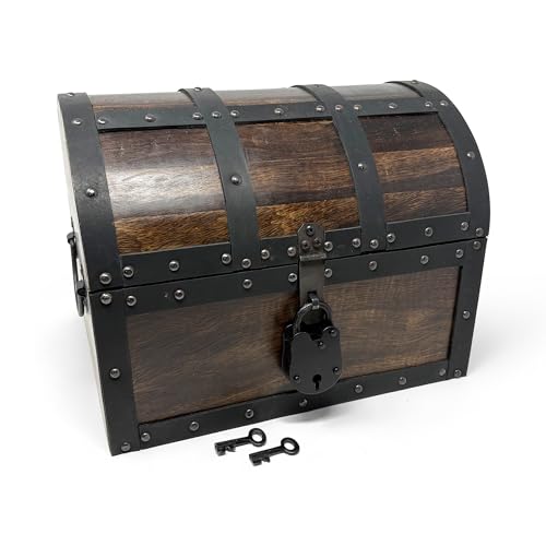 Nautical Cove Handmade Wooden Treasure Chest Storage Box – Deluxe Design with Real Leather Accents, Working Iron Lock & Skeleton Keys, Decorative Keepsake Chest (Large - 12 × 9 × 9") - size: Large - 12 × 9 × 9 in