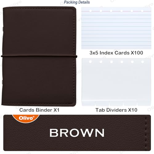 Olivo 3x5 Lined Index Cards with Ring Binder Holder and Dividers, Brown - color: Brown